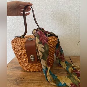 PATRICIA NASH Woven Wicker Basket Bag with Floral Scarf